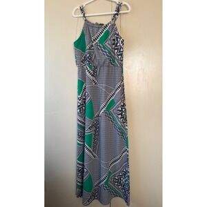 Alya Women Green Navy Blue Geometric Tribal Print Sleeveless Maxi Dress Large